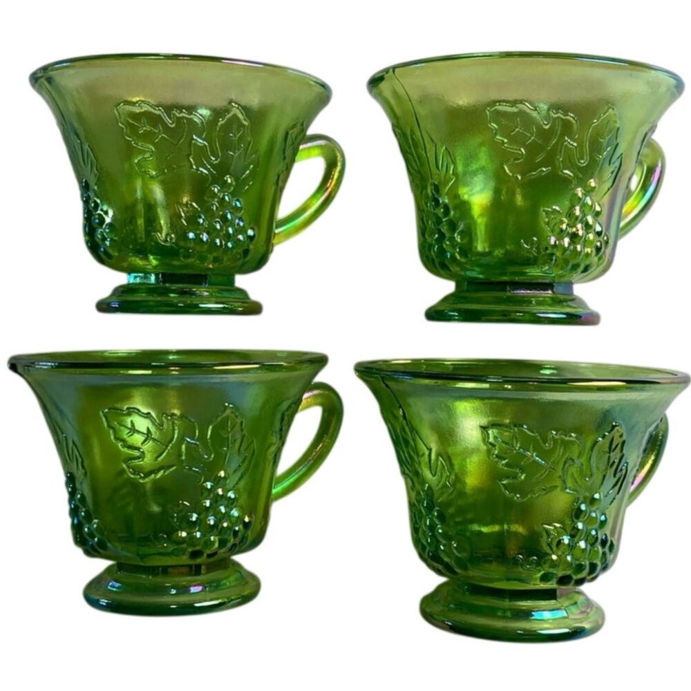 VTG Green Carnival Indiana Glass Grapevine Pattern Cups with Handles Set Of 4